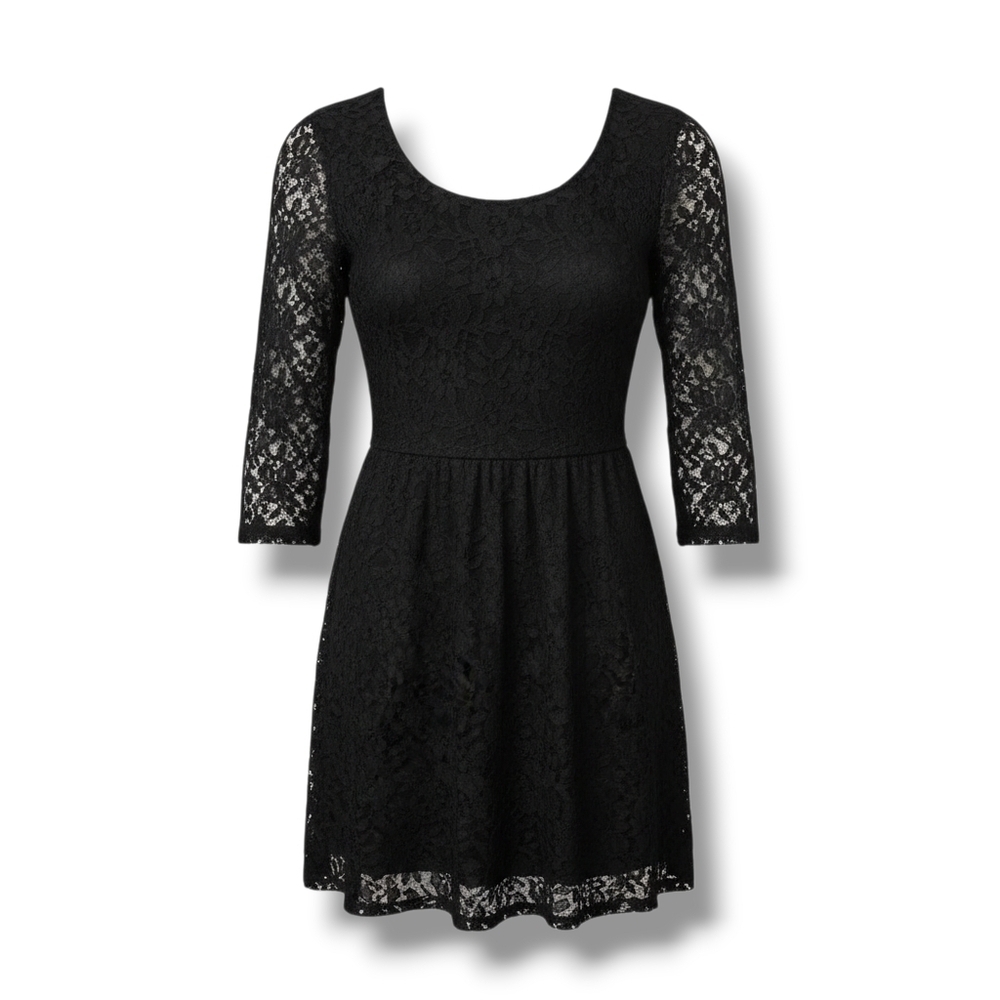 Forever 21 Women's black lace lined long sleeves a-line dress - medium